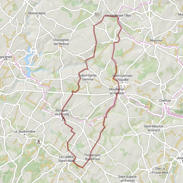 Miniature de la carte de l'inspiration cycliste "Parcours Gravel autour de La Meilleraie-Tillay" dans la Pays de la Loire, France. Générée par le planificateur d'itinéraire cycliste Tarmacs.app