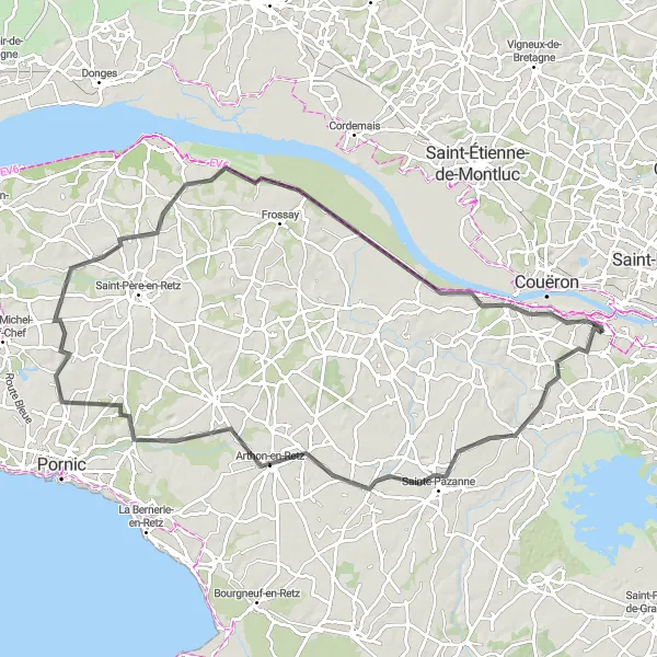 Miniature de la carte de l'inspiration cycliste "Parcours de cyclisme sur route Sainte-Pazanne - Le Pellerin" dans la Pays de la Loire, France. Générée par le planificateur d'itinéraire cycliste Tarmacs.app