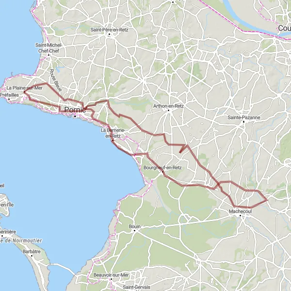 Map miniature of "Castles and Coastline Gravel Tour" cycling inspiration in Pays de la Loire, France. Generated by Tarmacs.app cycling route planner