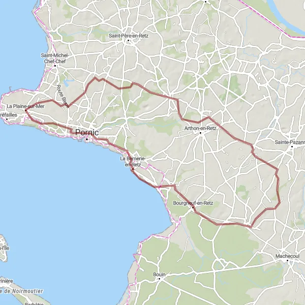 Miniature de la carte de l'inspiration cycliste "Parcours de Gravel à Arthon-en-Retz" dans la Pays de la Loire, France. Générée par le planificateur d'itinéraire cycliste Tarmacs.app