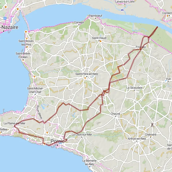 Map miniature of "Coastal Gravel Adventure through La Roche" cycling inspiration in Pays de la Loire, France. Generated by Tarmacs.app cycling route planner