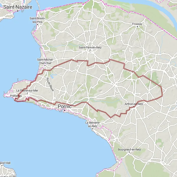 Miniature de la carte de l'inspiration cycliste "Circuit de Gravel aux Environs de Pornic" dans la Pays de la Loire, France. Générée par le planificateur d'itinéraire cycliste Tarmacs.app