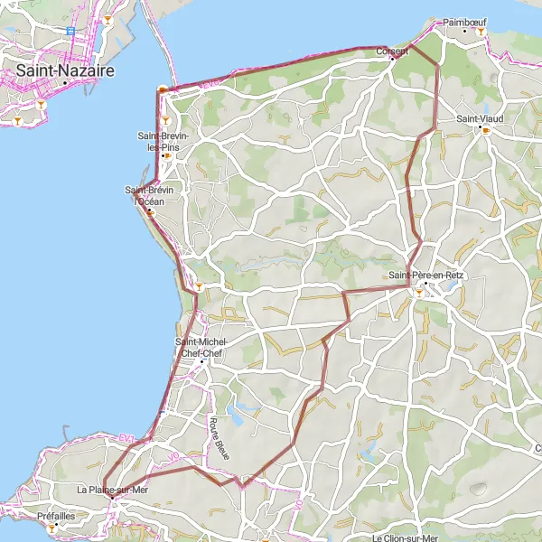 Miniature de la carte de l'inspiration cycliste "Le Défi Gravel de la Côte" dans la Pays de la Loire, France. Générée par le planificateur d'itinéraire cycliste Tarmacs.app