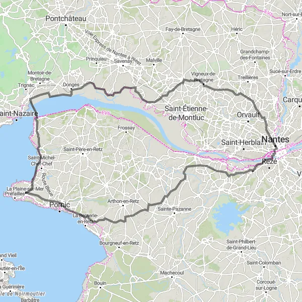 Miniature de la carte de l'inspiration cycliste "Road Cycling Tour to Château de Pornic" dans la Pays de la Loire, France. Générée par le planificateur d'itinéraire cycliste Tarmacs.app