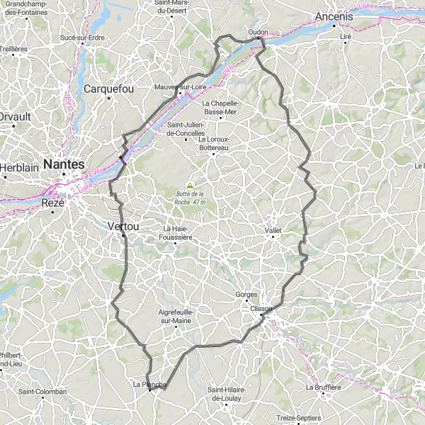 Miniature de la carte de l'inspiration cycliste "De Vertou à Clisson" dans la Pays de la Loire, France. Générée par le planificateur d'itinéraire cycliste Tarmacs.app