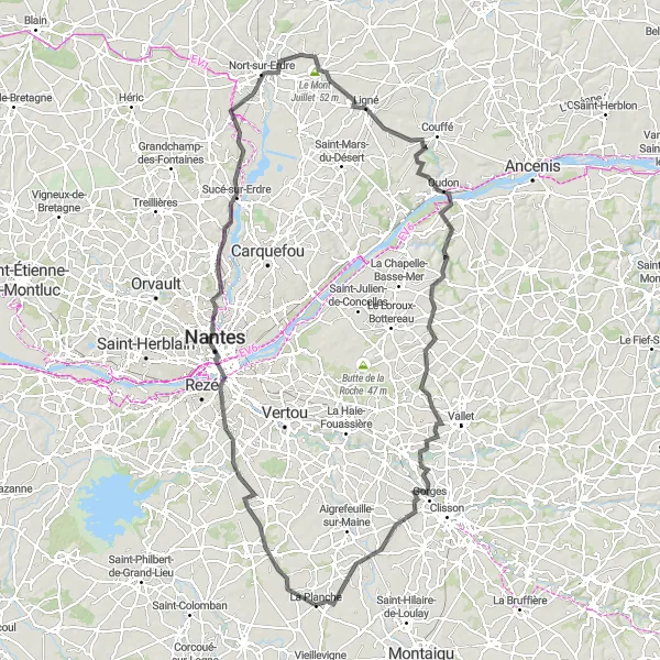 Map miniature of "The River Loop" cycling inspiration in Pays de la Loire, France. Generated by Tarmacs.app cycling route planner