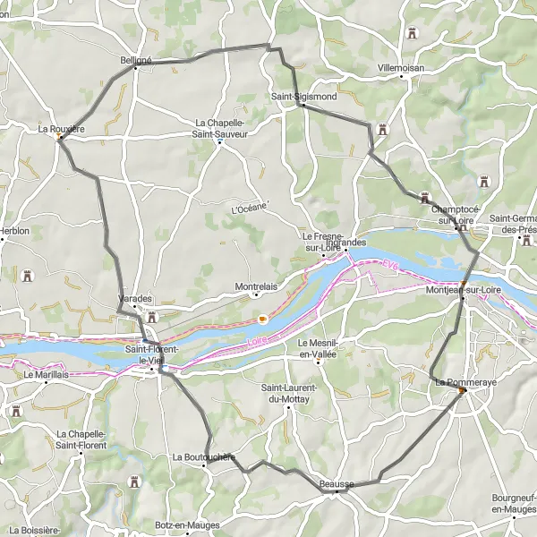 Miniature de la carte de l'inspiration cycliste "Escapade champêtre près de La Pommeraye" dans la Pays de la Loire, France. Générée par le planificateur d'itinéraire cycliste Tarmacs.app