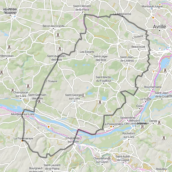 Miniature de la carte de l'inspiration cycliste "Boucle de la Vallée de la Loire" dans la Pays de la Loire, France. Générée par le planificateur d'itinéraire cycliste Tarmacs.app