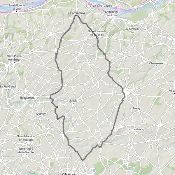 Miniature de la carte de l'inspiration cycliste "Parcours bucolique dans les Mauges" dans la Pays de la Loire, France. Générée par le planificateur d'itinéraire cycliste Tarmacs.app