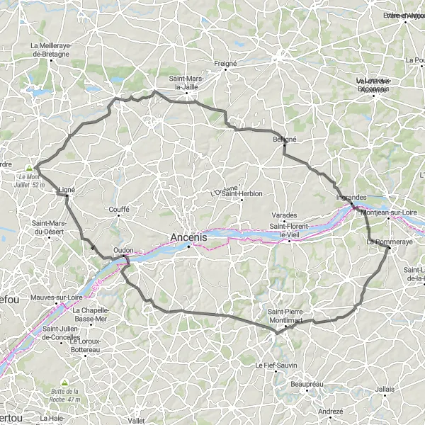 Map miniature of "La Pommeraye - Le Fuilet Loop" cycling inspiration in Pays de la Loire, France. Generated by Tarmacs.app cycling route planner