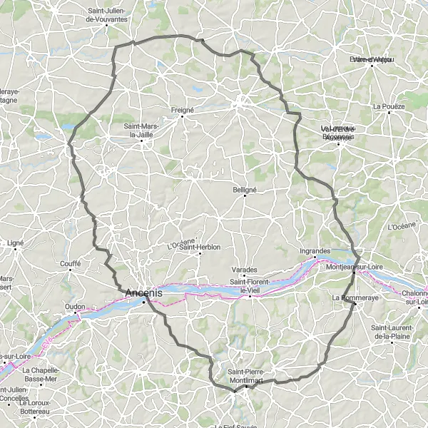 Miniature de la carte de l'inspiration cycliste "Les Châteaux de l'Anjou" dans la Pays de la Loire, France. Générée par le planificateur d'itinéraire cycliste Tarmacs.app