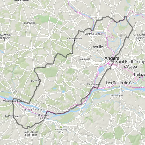 Miniature de la carte de l'inspiration cycliste "Le Charme de la Vallée de la Loire" dans la Pays de la Loire, France. Générée par le planificateur d'itinéraire cycliste Tarmacs.app