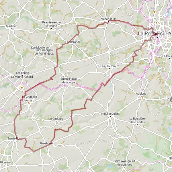 Map miniature of "Challenging Gravel Loop from La Roche-sur-Yon" cycling inspiration in Pays de la Loire, France. Generated by Tarmacs.app cycling route planner