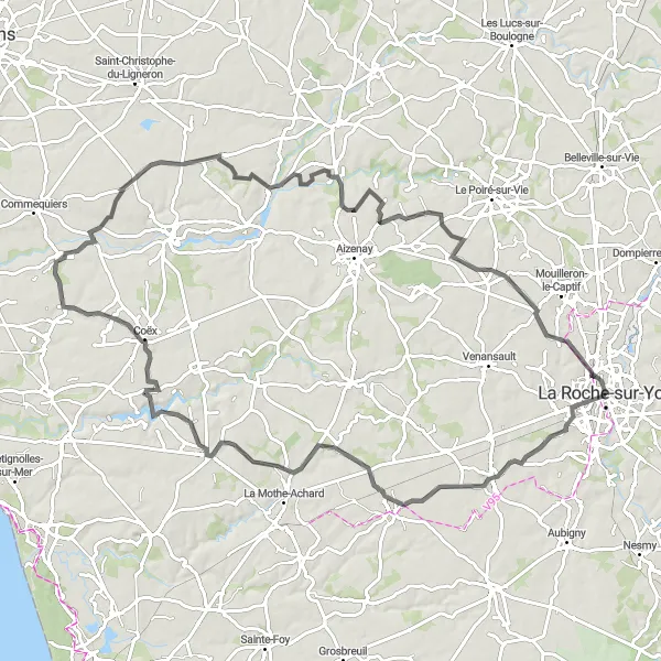 Map miniature of "Full-Day Road Cycling Adventure from La Roche-sur-Yon" cycling inspiration in Pays de la Loire, France. Generated by Tarmacs.app cycling route planner