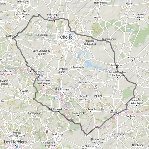 Miniature de la carte de l'inspiration cycliste "Tour de Cholet" dans la Pays de la Loire, France. Générée par le planificateur d'itinéraire cycliste Tarmacs.app