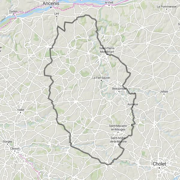 Miniature de la carte de l'inspiration cycliste "Boucle des Collines" dans la Pays de la Loire, France. Générée par le planificateur d'itinéraire cycliste Tarmacs.app