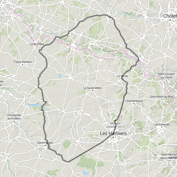 Miniature de la carte de l'inspiration cycliste "Circuit des Collines Vendéennes" dans la Pays de la Loire, France. Générée par le planificateur d'itinéraire cycliste Tarmacs.app