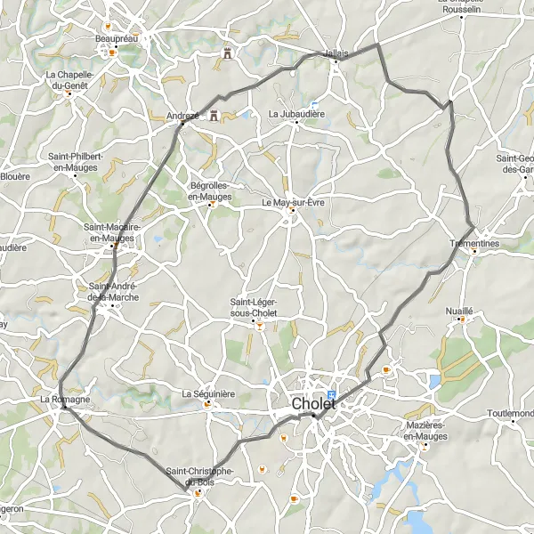 Miniature de la carte de l'inspiration cycliste "Escapade à Cholet" dans la Pays de la Loire, France. Générée par le planificateur d'itinéraire cycliste Tarmacs.app
