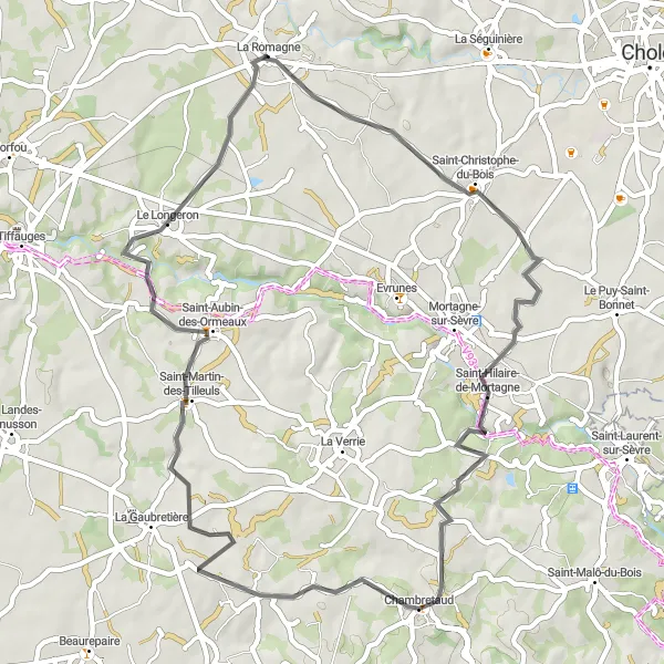 Miniature de la carte de l'inspiration cycliste "Escapade en Bocage" dans la Pays de la Loire, France. Générée par le planificateur d'itinéraire cycliste Tarmacs.app
