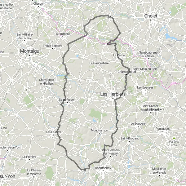 Miniature de la carte de l'inspiration cycliste "Tour des Châteaux" dans la Pays de la Loire, France. Générée par le planificateur d'itinéraire cycliste Tarmacs.app