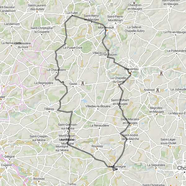 Miniature de la carte de l'inspiration cycliste "Tour des Mauges" dans la Pays de la Loire, France. Générée par le planificateur d'itinéraire cycliste Tarmacs.app