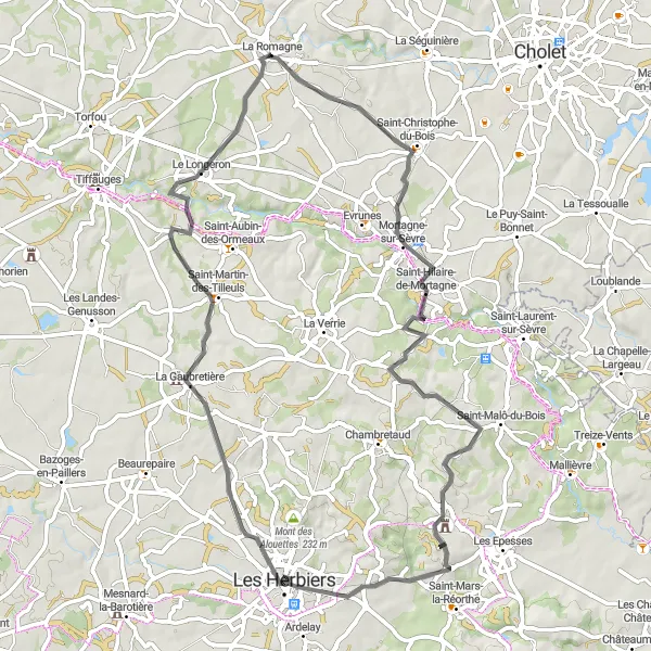 Miniature de la carte de l'inspiration cycliste "Boucle de Mortagne-sur-Sèvre" dans la Pays de la Loire, France. Générée par le planificateur d'itinéraire cycliste Tarmacs.app