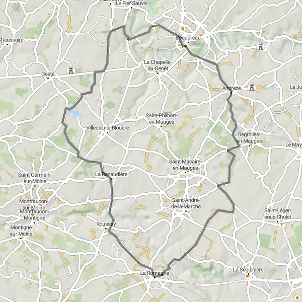 Miniature de la carte de l'inspiration cycliste "Parcours autour de La Romagne" dans la Pays de la Loire, France. Générée par le planificateur d'itinéraire cycliste Tarmacs.app