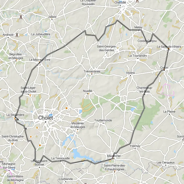 Map miniature of "Le May-sur-Èvre Circuit" cycling inspiration in Pays de la Loire, France. Generated by Tarmacs.app cycling route planner