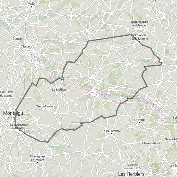 Map miniature of "Captivating Villages Tour: La Séguinière to Saint-André-de-la-Marche" cycling inspiration in Pays de la Loire, France. Generated by Tarmacs.app cycling route planner