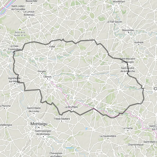 Map miniature of "Vistas and Vineyards: La Séguinière to Saint-Macaire-en-Mauges" cycling inspiration in Pays de la Loire, France. Generated by Tarmacs.app cycling route planner