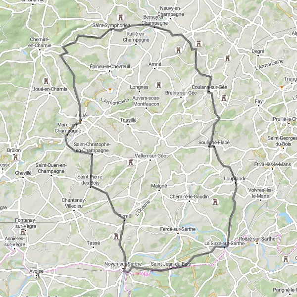 Miniature de la carte de l'inspiration cycliste "Les Collines de la Sarthe" dans la Pays de la Loire, France. Générée par le planificateur d'itinéraire cycliste Tarmacs.app