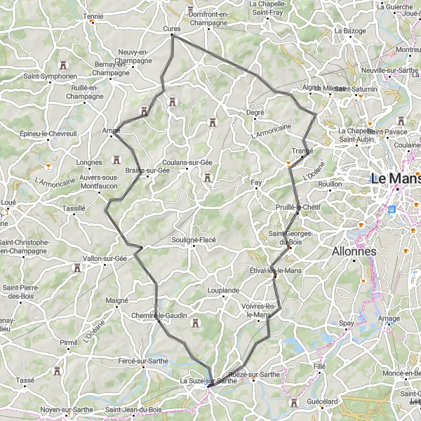 Miniature de la carte de l'inspiration cycliste "Boucle de la Vallée de la Sarthe" dans la Pays de la Loire, France. Générée par le planificateur d'itinéraire cycliste Tarmacs.app