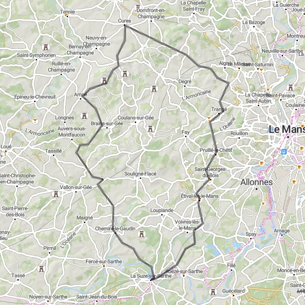 Map miniature of "The Charm of Sarthe" cycling inspiration in Pays de la Loire, France. Generated by Tarmacs.app cycling route planner