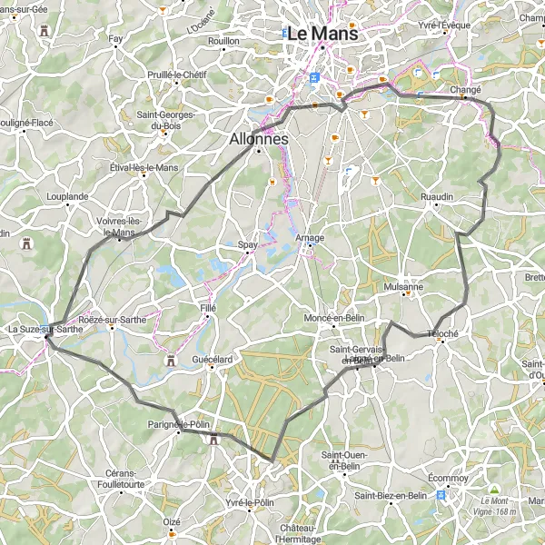 Miniature de la carte de l'inspiration cycliste "Itinéraire À Vélo Autour De La Suze-sur-Sarthe" dans la Pays de la Loire, France. Générée par le planificateur d'itinéraire cycliste Tarmacs.app