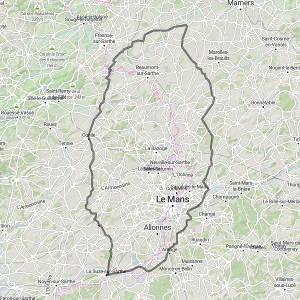 Miniature de la carte de l'inspiration cycliste "Parcours Cyclable Aventure Près de La Suze-sur-Sarthe" dans la Pays de la Loire, France. Générée par le planificateur d'itinéraire cycliste Tarmacs.app