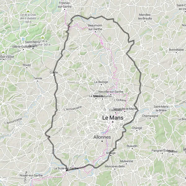 Map miniature of "The Sarthe Grand Tour" cycling inspiration in Pays de la Loire, France. Generated by Tarmacs.app cycling route planner