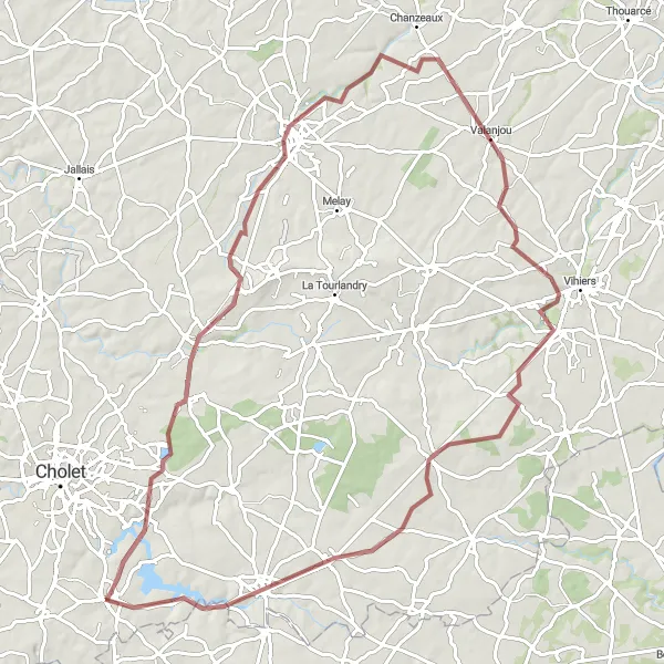 Miniature de la carte de l'inspiration cycliste "Aventure Gravel à Travers l'Anjou" dans la Pays de la Loire, France. Générée par le planificateur d'itinéraire cycliste Tarmacs.app