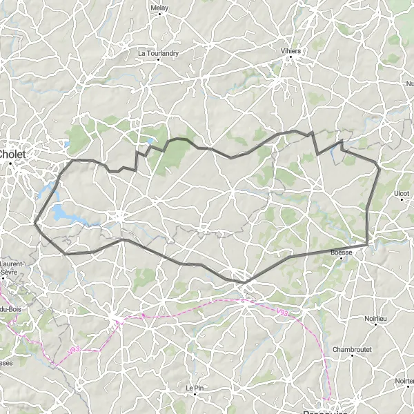 Miniature de la carte de l'inspiration cycliste "Escapade au Cœur des Mauges" dans la Pays de la Loire, France. Générée par le planificateur d'itinéraire cycliste Tarmacs.app