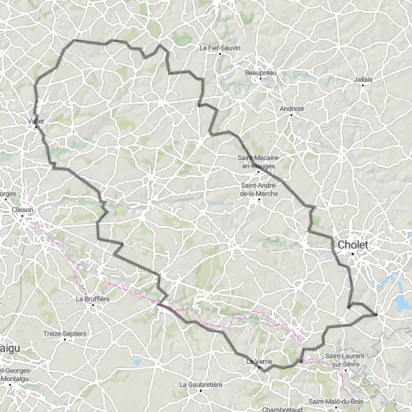 Miniature de la carte de l'inspiration cycliste "Le Charme de la Vallée de la Moine" dans la Pays de la Loire, France. Générée par le planificateur d'itinéraire cycliste Tarmacs.app