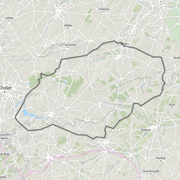 Map miniature of "Vezins and Saint-Pierre-des-Échaubrognes Scenic Road Trip" cycling inspiration in Pays de la Loire, France. Generated by Tarmacs.app cycling route planner