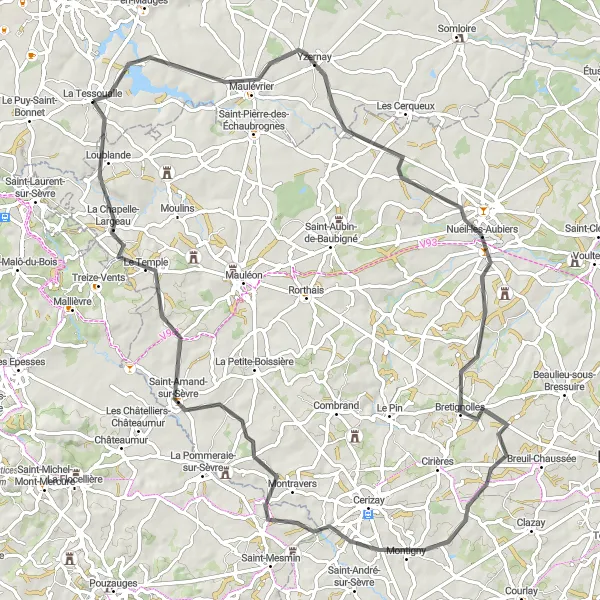 Miniature de la carte de l'inspiration cycliste "Parcours entre patrimoine et nature" dans la Pays de la Loire, France. Générée par le planificateur d'itinéraire cycliste Tarmacs.app