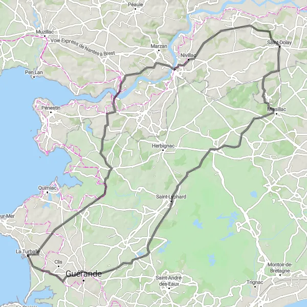 Miniature de la carte de l'inspiration cycliste "Parcours Assérac à Guérande" dans la Pays de la Loire, France. Générée par le planificateur d'itinéraire cycliste Tarmacs.app