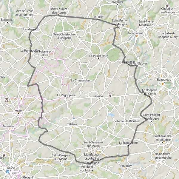 Map miniature of "Les Autours de Landemont" cycling inspiration in Pays de la Loire, France. Generated by Tarmacs.app cycling route planner