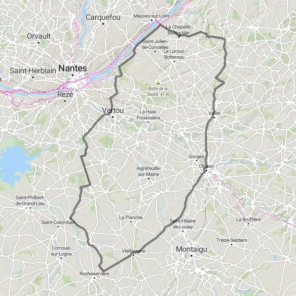 Map miniature of "Boucle Landemont - La Remaudière - Mouzillon - Saint-Hilaire-de-Clisson - Basse-Goulaine - Barbechat" cycling inspiration in Pays de la Loire, France. Generated by Tarmacs.app cycling route planner