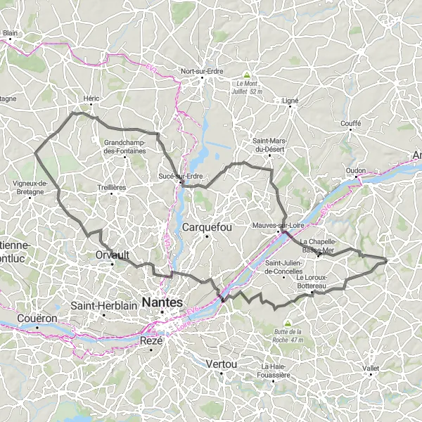 Miniature de la carte de l'inspiration cycliste "Aventure autour du Lac" dans la Pays de la Loire, France. Générée par le planificateur d'itinéraire cycliste Tarmacs.app