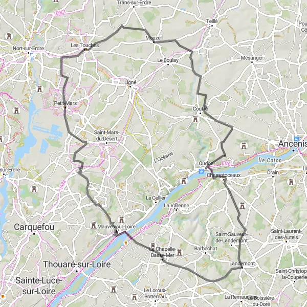 Miniature de la carte de l'inspiration cycliste "Les Moulins de la Loire" dans la Pays de la Loire, France. Générée par le planificateur d'itinéraire cycliste Tarmacs.app