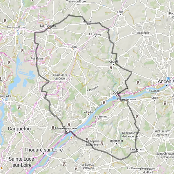 Map miniature of "Boucle Landemont - La Chapelle-Basse-Mer - Petit-Mars - Le Mont Juillet - Mouzeil - Moulins pendus dits péage fortifié - Panorama sur la Loire et Oudon - La Croix Judith" cycling inspiration in Pays de la Loire, France. Generated by Tarmacs.app cycling route planner