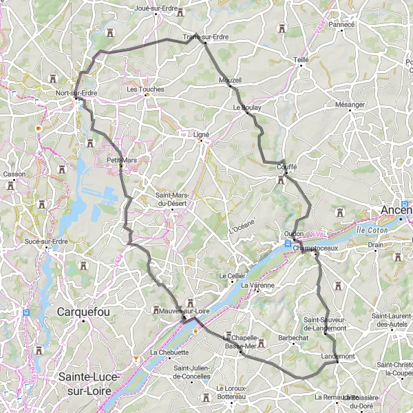 Map miniature of "Boucle Landemont - La Chapelle-Basse-Mer - Petit-Mars - Nort-sur-Erdre - Mouzeil - Oudon - Panorama sur la Loire et Oudon - La Croix Judith" cycling inspiration in Pays de la Loire, France. Generated by Tarmacs.app cycling route planner