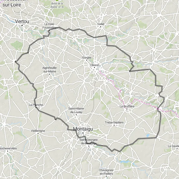 Miniature de la carte de l'inspiration cycliste "Les Châteaux du Pays Nantais - Route" dans la Pays de la Loire, France. Générée par le planificateur d'itinéraire cycliste Tarmacs.app