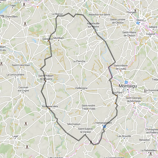 Miniature de la carte de l'inspiration cycliste "Entre Vallées et Villages - Route" dans la Pays de la Loire, France. Générée par le planificateur d'itinéraire cycliste Tarmacs.app